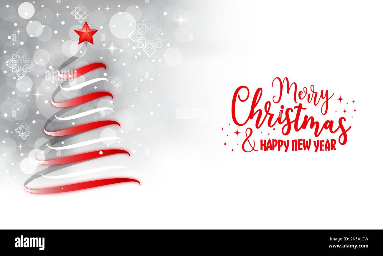 Weihnachtsbaum mit rotem Stern vor dem Hintergrund der Winterferien magische Schneelandschaft mit Schneeflocken und Sternen. Grußkarte zu Weihnachten und Neujahr. Stock Vektor