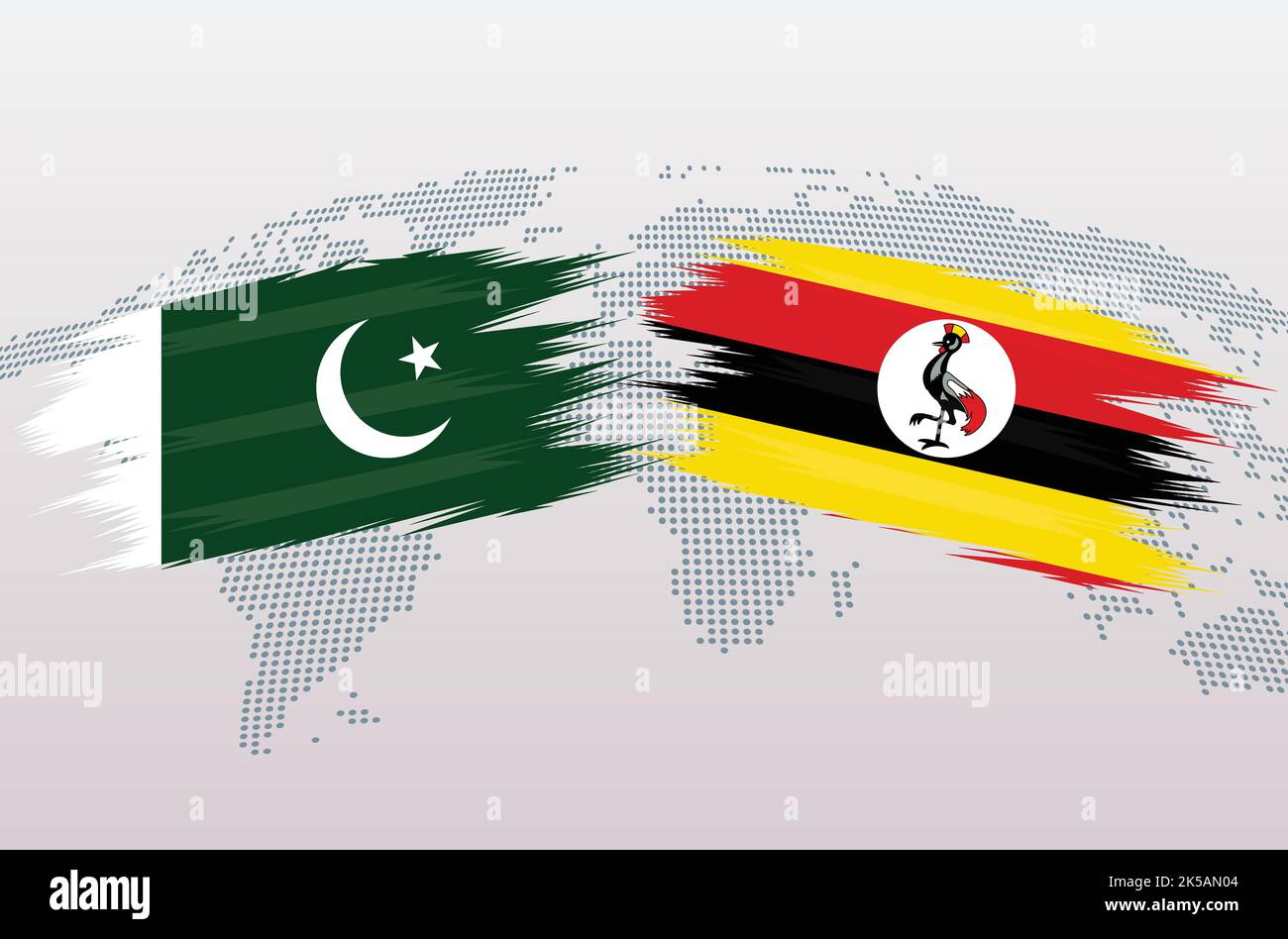 Pakistan gegen Uganda Flaggen. Islamische Republik Pakistan gegen Uganda-Flaggen, isoliert auf grauem Hintergrund der Weltkarte. Vektorgrafik. Stock Vektor