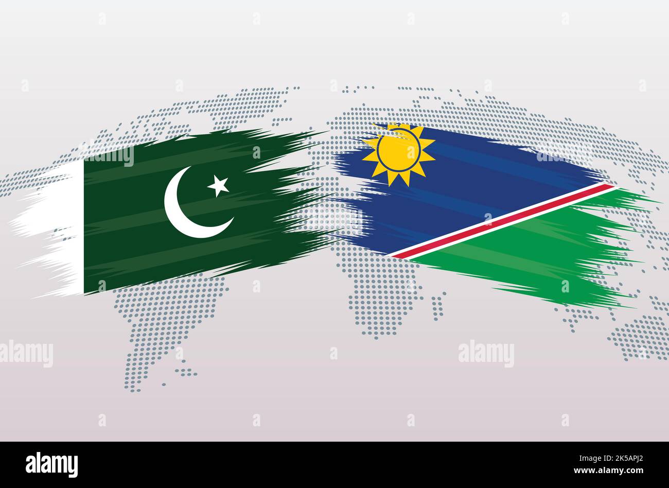 Pakistan gegen Namibia Flaggen. Islamische Republik Pakistan VS Namibische Flaggen, isoliert auf grauem Hintergrund der Weltkarte. Vektorgrafik. Stock Vektor