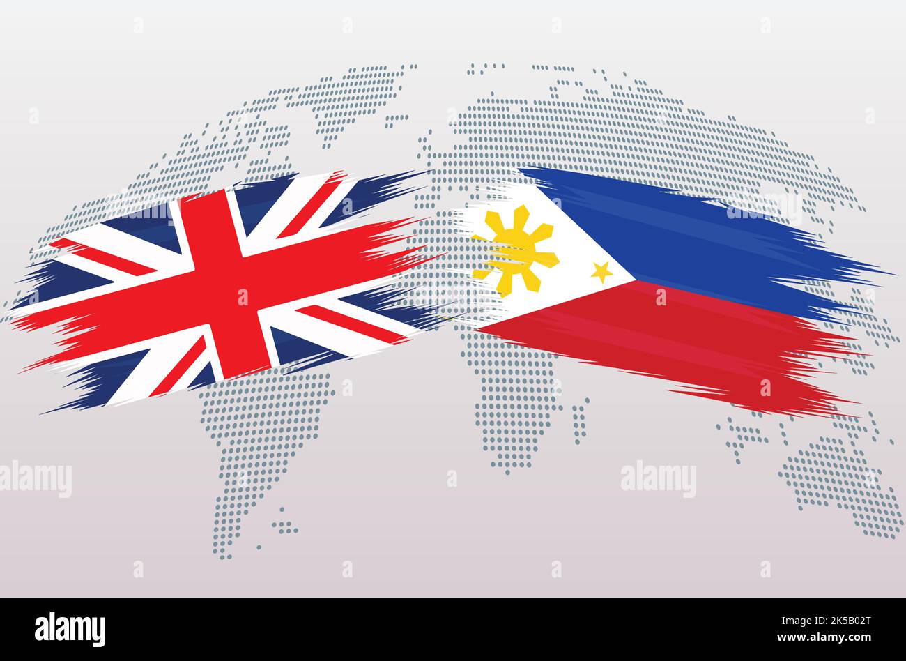 Britische Flaggen Großbritannien und Philippinen. Die Flaggen des Vereinigten Königreichs gegen die Philippinen, isoliert auf grauem Hintergrund der Weltkarte. Vektorgrafik. Stock Vektor