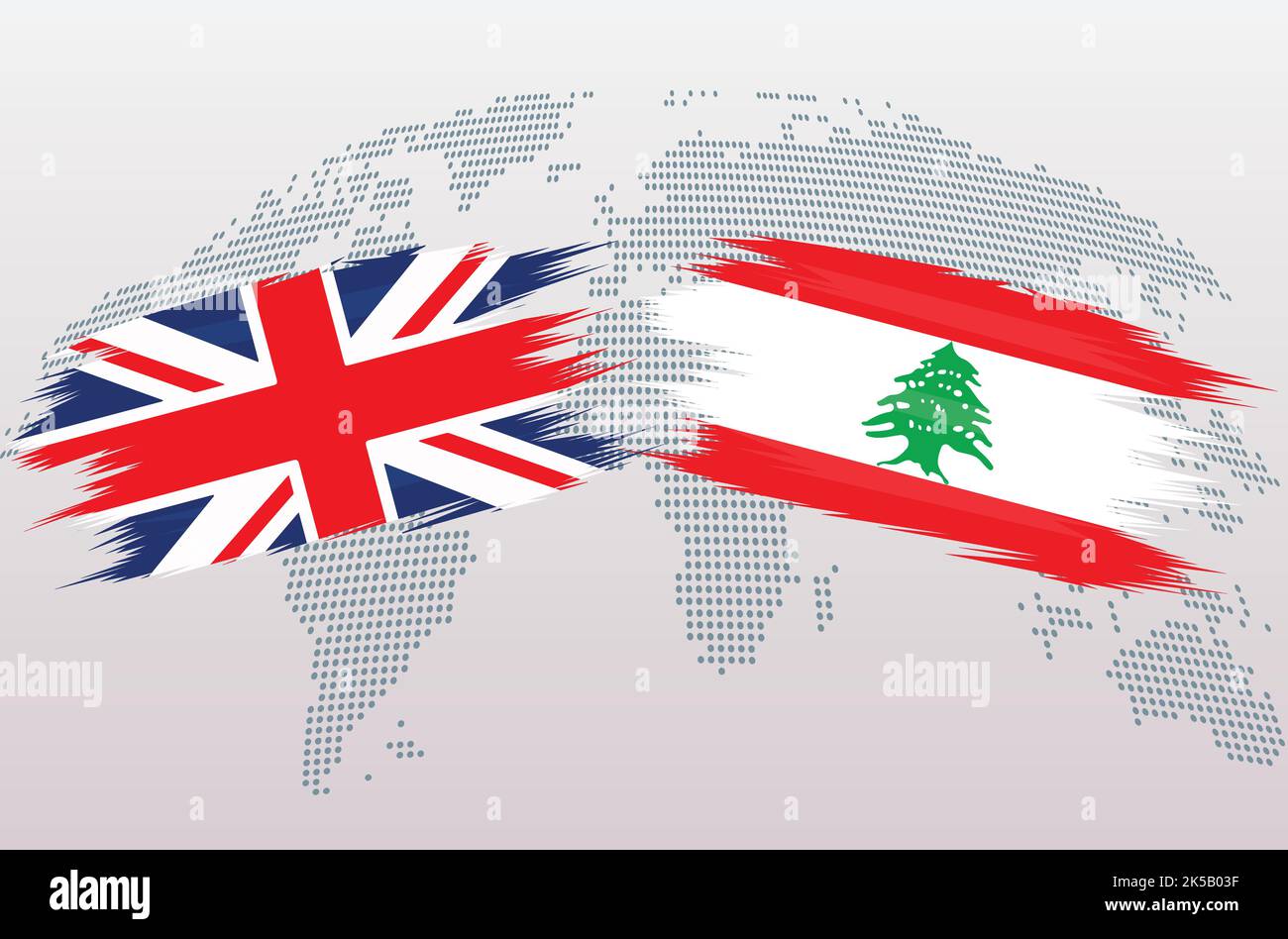 Britische Flaggen Großbritannien und Libanon. Das Vereinigte Königreich Libanon Flaggen, isoliert auf grauem Hintergrund der Weltkarte. Vektorgrafik. Stock Vektor