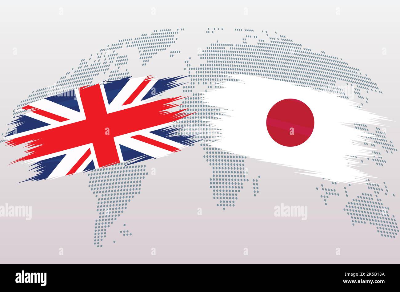 Britische Flaggen Großbritannien und Japan. Die Flagge des Vereinigten Königreichs gegen Japan, isoliert auf grauem Hintergrund der Weltkarte. Vektorgrafik. Stock Vektor