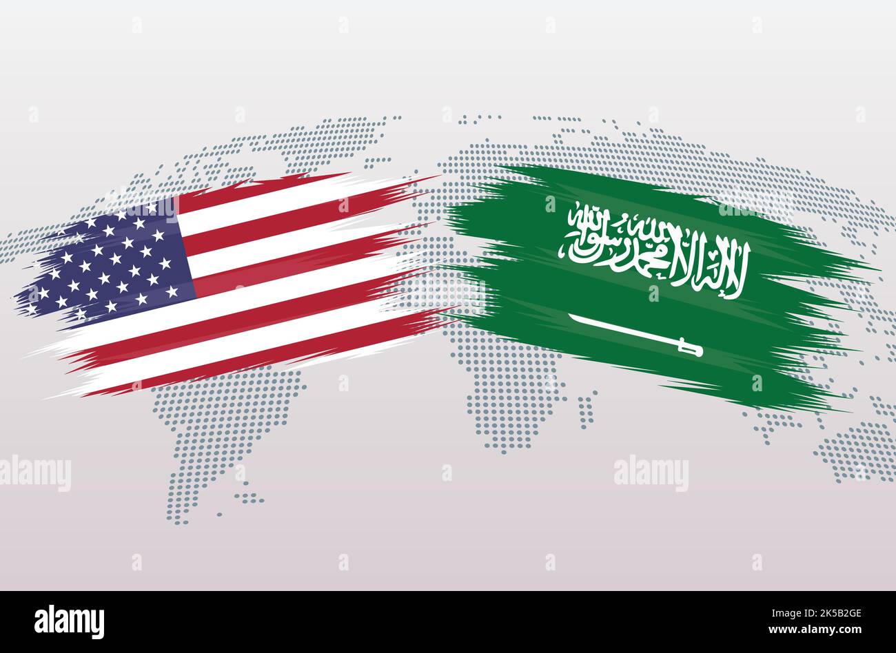 USA GEGEN KSA-FLAGGEN. Die Flaggen der Vereinigten Staaten von Amerika gegen das Königreich Saudi-Arabien, isoliert auf grauem Hintergrund der Weltkarte. Vektorgrafik. Stock Vektor