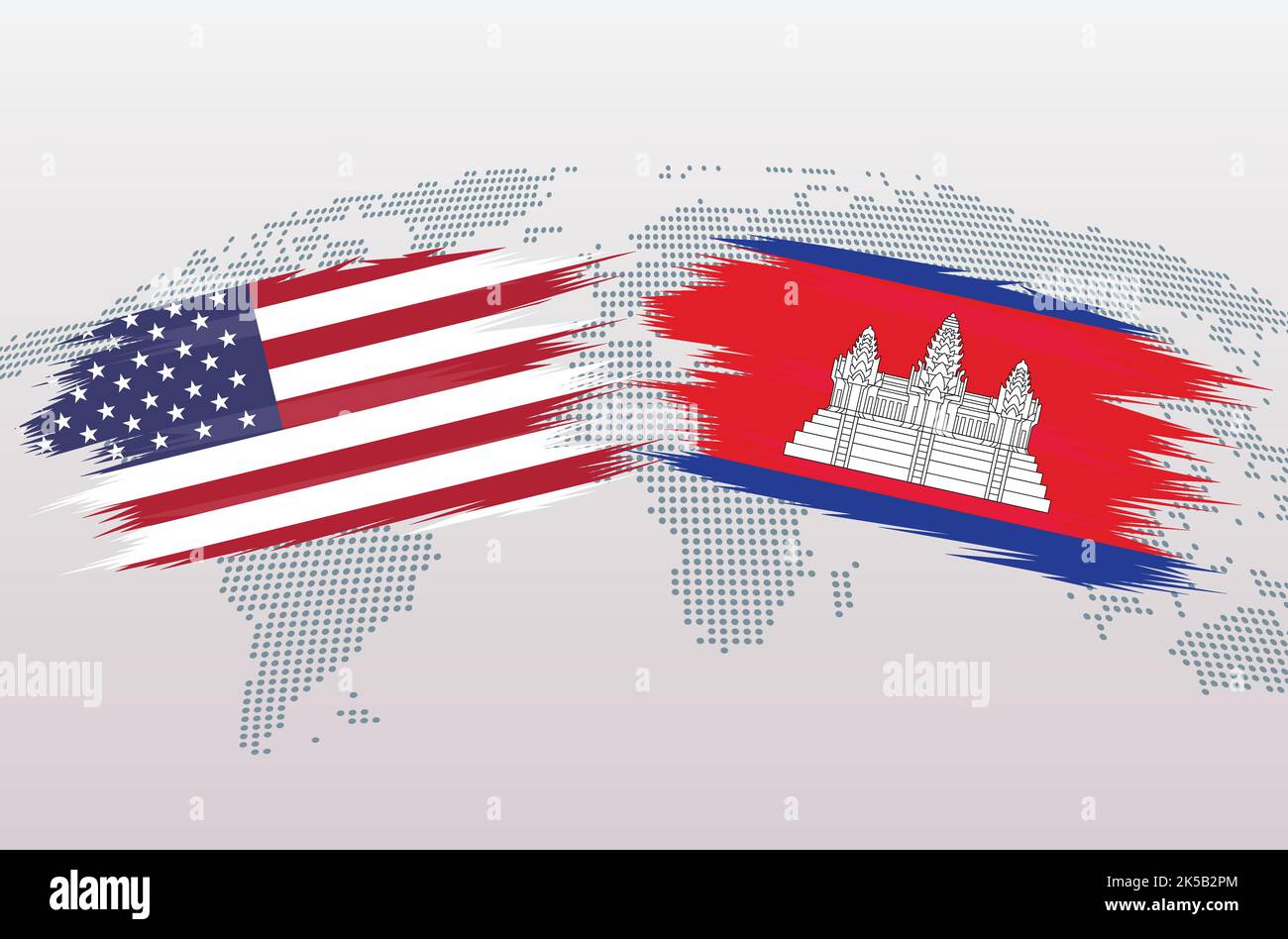 USA gegen Combodia-Flaggen. Die Vereinigten Staaten von Amerika gegen die kombodianischen Flaggen, isoliert auf grauem Hintergrund der Weltkarte. Vektorgrafik. Stock Vektor