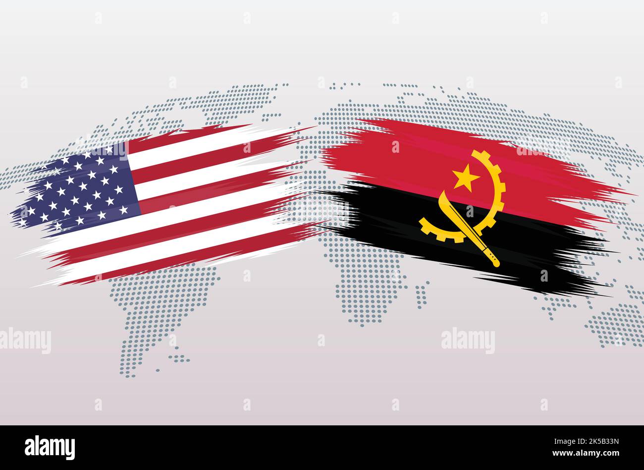 USA gegen Angola Flaggen. Die Flaggen der Vereinigten Staaten von Amerika gegen Angola, isoliert auf grauem Hintergrund der Weltkarte. Vektorgrafik. Stock Vektor