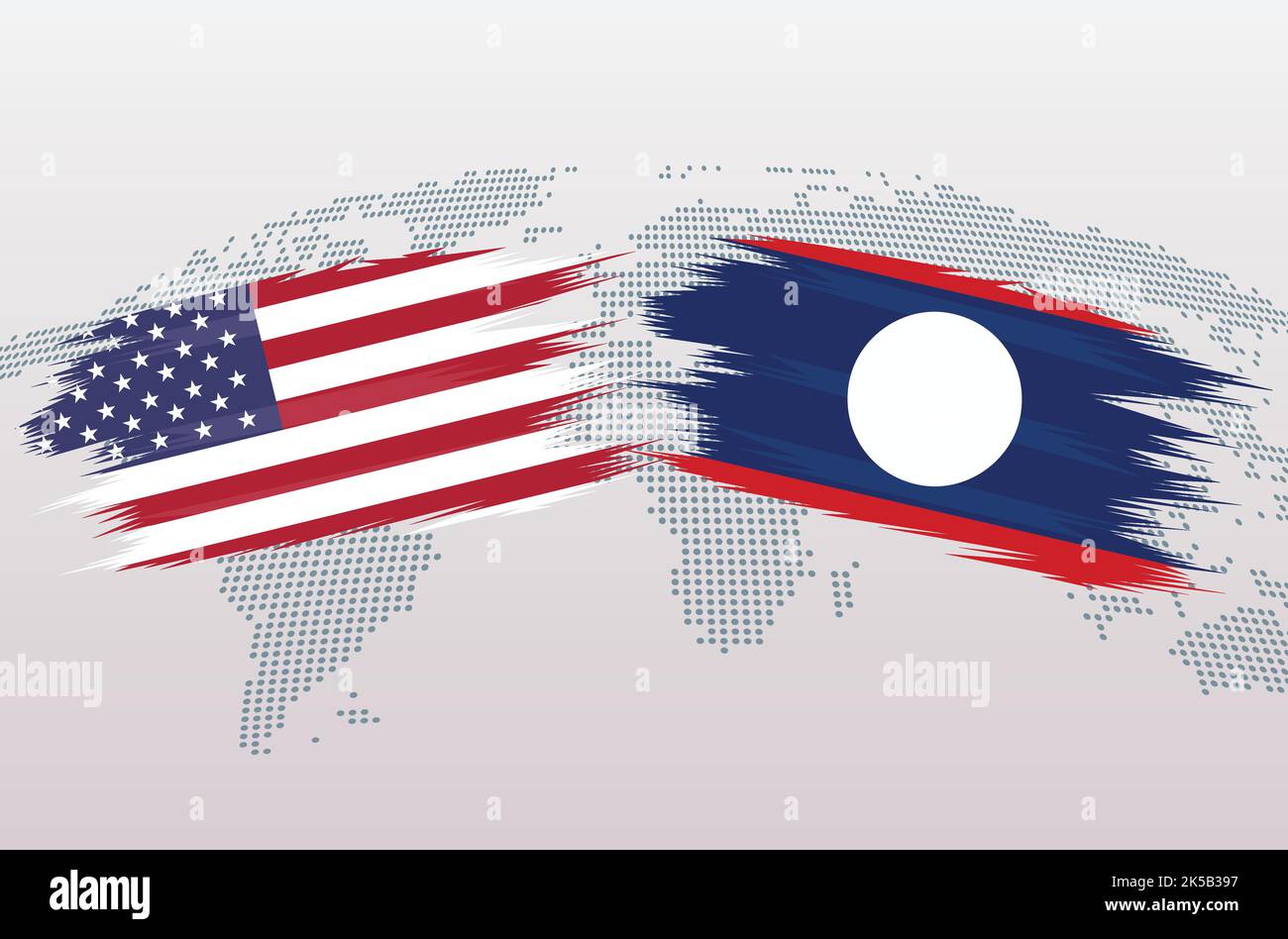 USA GEGEN LAOS FLAGGEN. Die Flaggen der Vereinigten Staaten von Amerika gegen LAOS, isoliert auf grauem Hintergrund der Weltkarte. Vektorgrafik. Stock Vektor