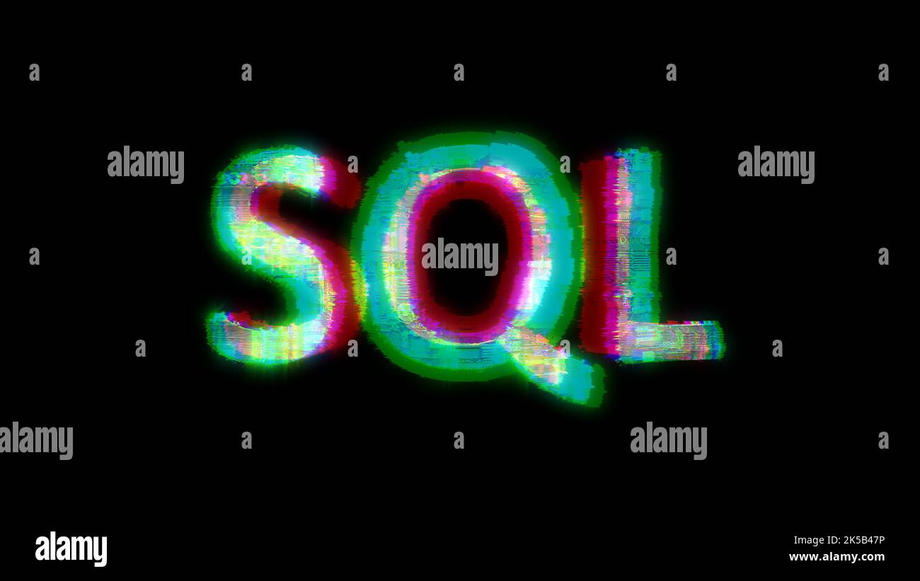 Kybernetischer Text SQL mit starker chromatischer Aberrationen Verzerrung, isoliert - Objekt 3D Rendering Stockfoto