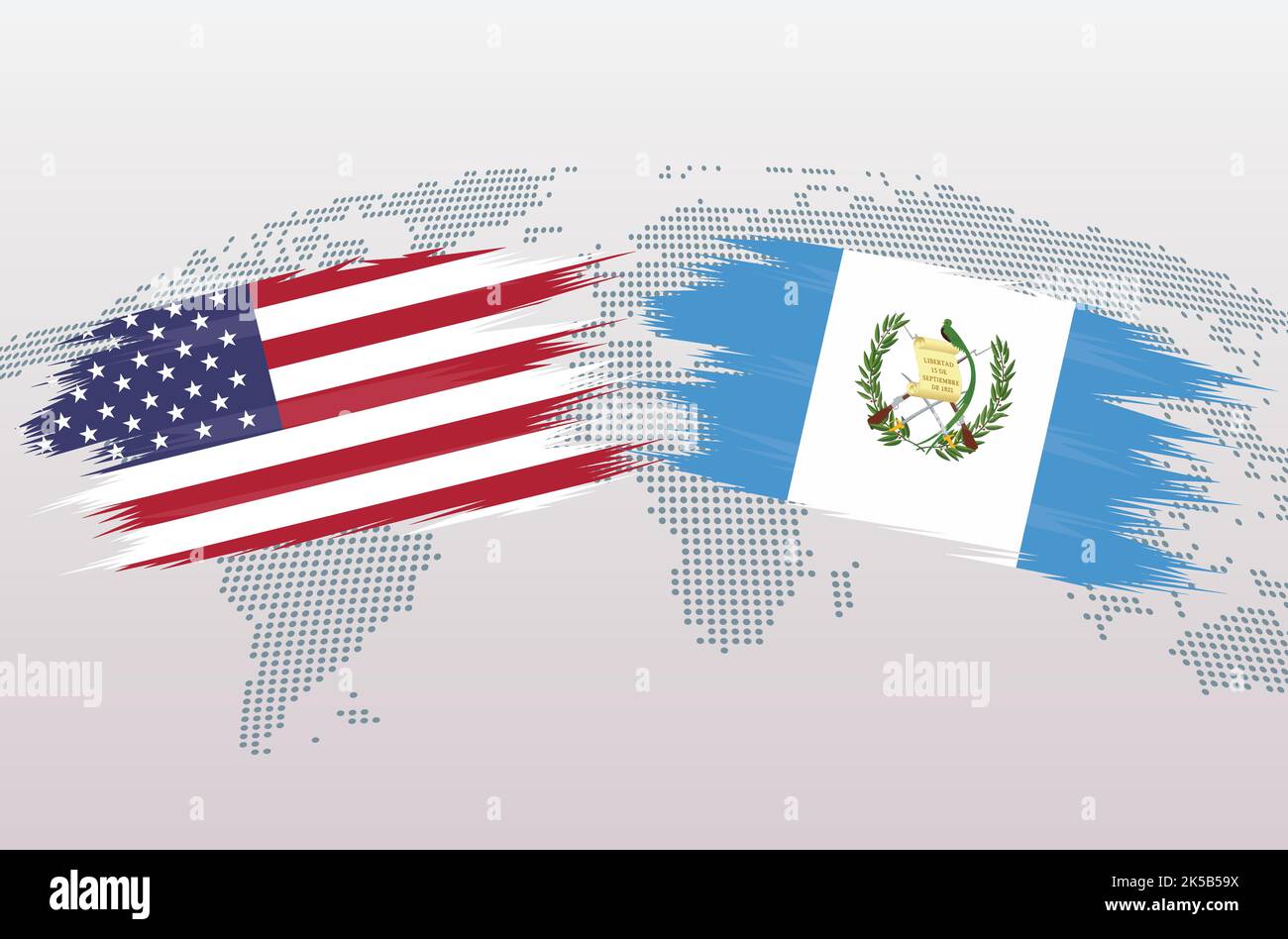 USA gegen Guatemala-Flaggen. Die Flaggen der Vereinigten Staaten von Amerika gegen Guatemala, isoliert auf grauem Hintergrund der Weltkarte. Vektorgrafik. Stock Vektor