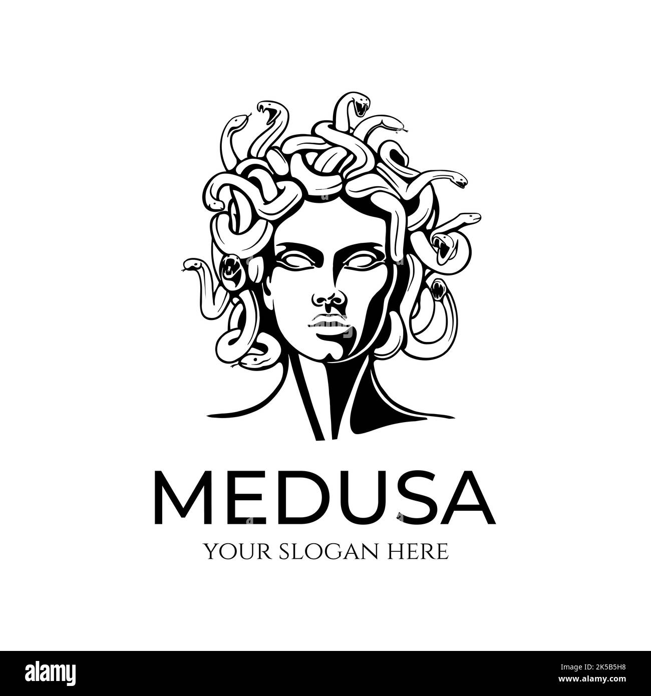 Medusa gorgon-Logo. Kopf einer Frau mit Schlangen. Schützendes Amulett. Logo für verschiedene Richtungen. Stock Vektor