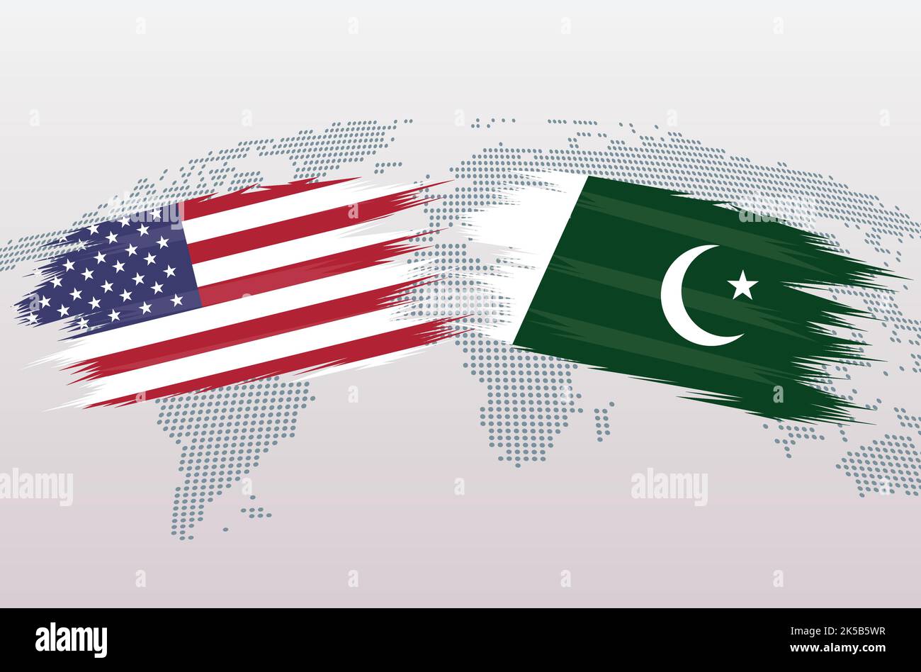 USA gegen Pakistan Flaggen. Die Vereinigten Staaten von Amerika gegen pakistanische Flaggen, isoliert auf grauem Hintergrund der Weltkarte. Vektorgrafik. Stock Vektor