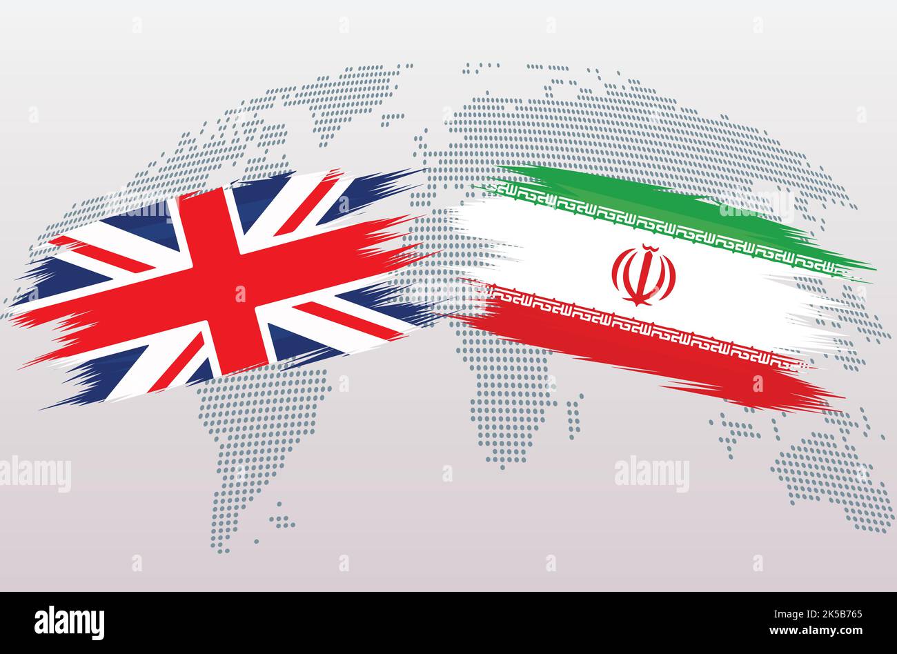 Britische Flaggen Großbritannien und Iran. Das Vereinigte Königreich gegen Iran Flaggen, isoliert auf grauem Hintergrund der Weltkarte. Vektorgrafik. Stock Vektor