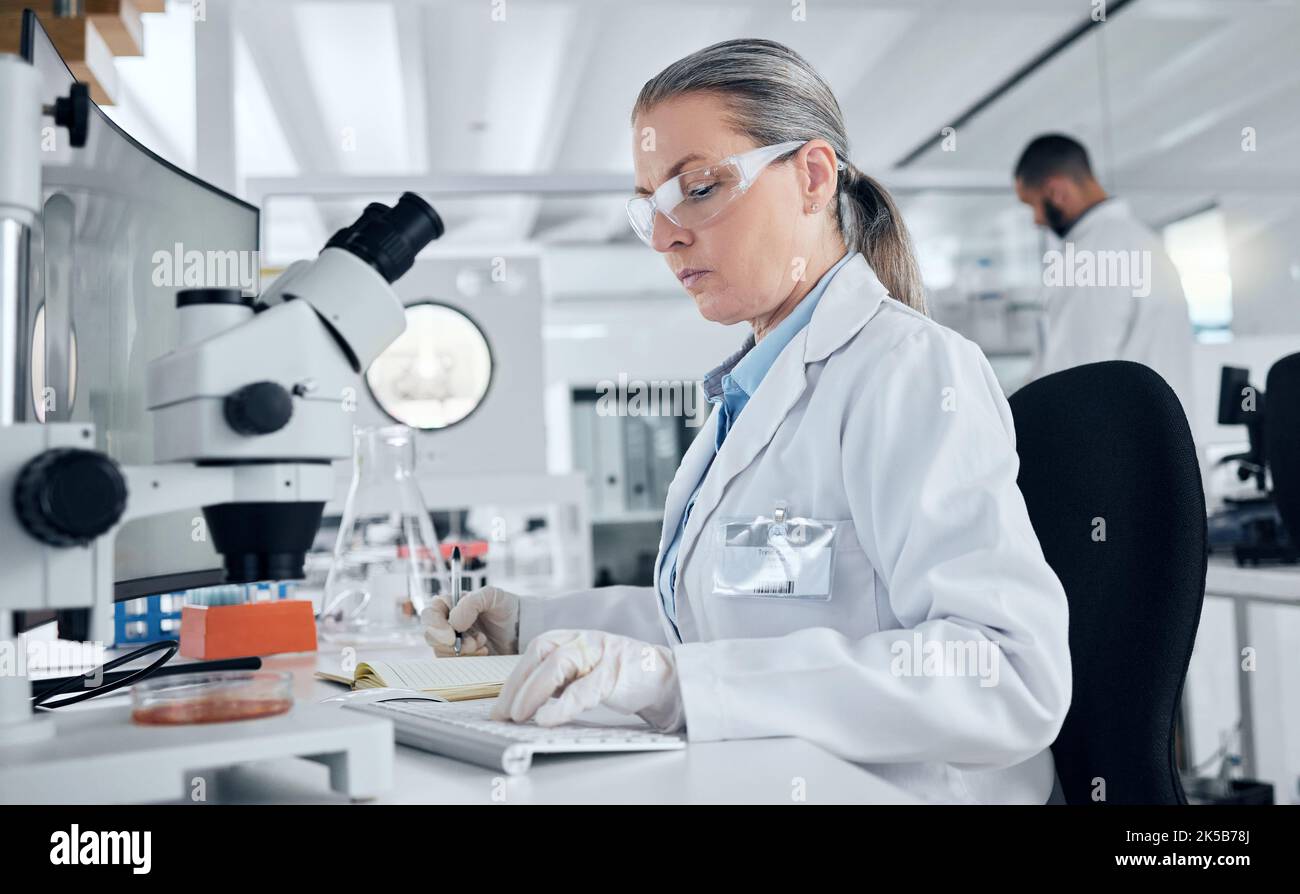 Labor, Mikroskop und Frau, die am Computer für medizinische Daten, Petrischalentestergebnisse oder Krebsforschung im Gesundheitswesen tippt. Reifer Wissenschaftler, Arbeiter Stockfoto