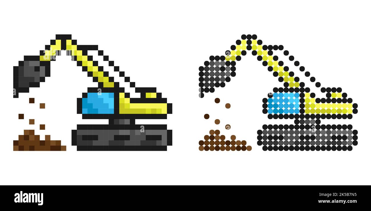 Pixelsymbol. Schwere Baggermaschine für Bau- und Erdarbeiten. Industrielle Maschinen und Anlagen. Einfache Retro-Spiel Vektor auf weißen BA isoliert Stock Vektor