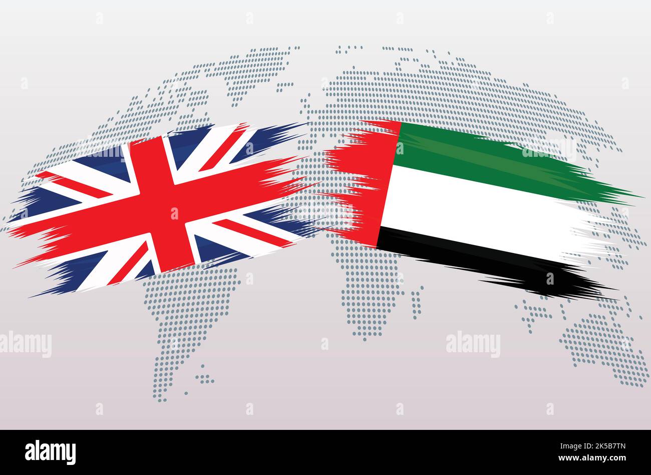 Britische Flaggen Großbritannien und VAE. Die Flaggen des Vereinigten Königreichs und der Vereinigten Arabischen Emirate, isoliert auf grauem Hintergrund der Weltkarte. Vektorgrafik. Stock Vektor
