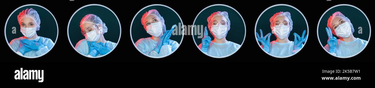Porträtcollage für Chirurgen. Anerkennung der Bewunderung im Gesundheitswesen. Porträt von dankbar glücklich weibliche Arzt in blau ppe Gesichtsmaske Kreis Avatar Kopfschuss pa Stockfoto