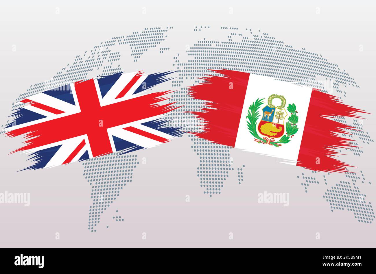 Britische Flaggen Großbritannien und PERU. Die Flaggen Großbritannien und PERU, isoliert auf grauem Hintergrund der Weltkarte. Vektorgrafik. Stock Vektor