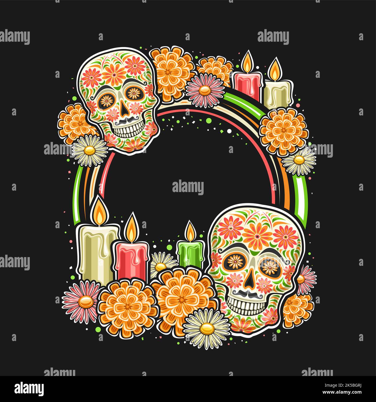 Vektorrahmen für Day of the Dead mit leerem Copyspace für Gratulation Text, rundes Schild mit Illustration der dekorativen Kunst gruseliger Schädel, brennend ca. Stock Vektor