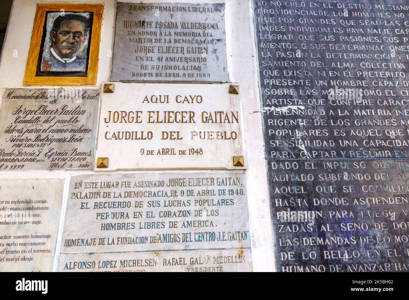 Bogota Colombia,Santa Fe Carrera 7 Avenida Jimenez Jorge Eliecer Gaitan historische Gedenktafel für Märtyrer der linken Partei-Attentäter des Politikers der Liberalen Partei Stockfoto