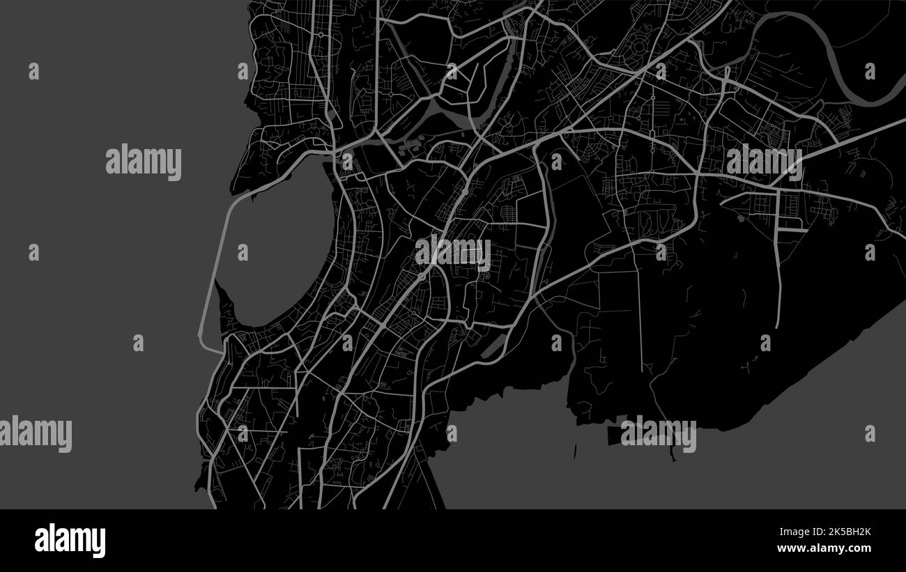 Dunkelschwarze Mumbai Stadtgebiet Vektor Hintergrundkarte, Straßen und Wasser Illustration. Widescreen-Format, Roadmap für digitales flaches Design. Stock Vektor