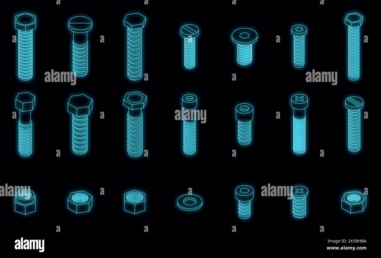 Symbole für Schraubbolzen eingestellt. Isometrischer Satz von Vektor-Symbolen für Schrauben und Schrauben, neon auf Schwarz Stock Vektor