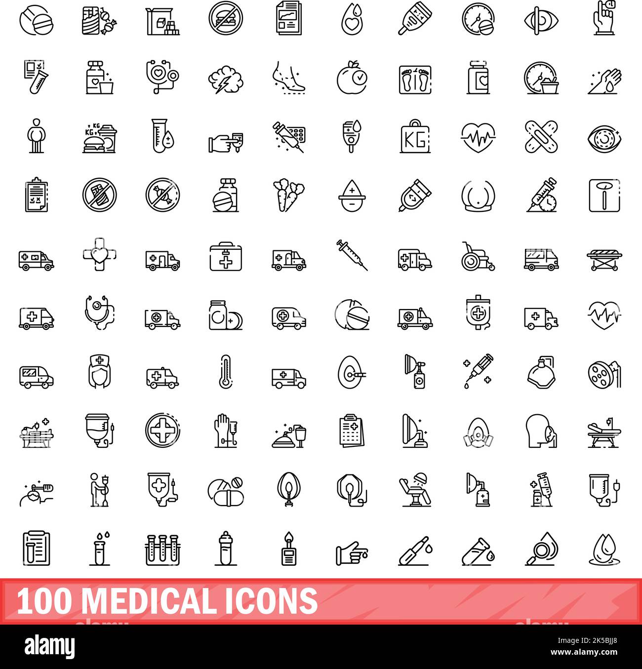100 medizinische Symbole eingestellt. Skizzieren Sie die Darstellung von 100 medizinischen Symbolen, Vektorset isoliert auf weißem Hintergrund Stock Vektor