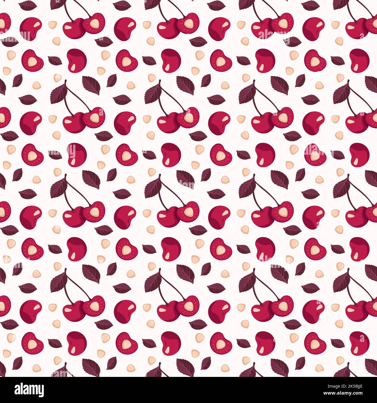 Cherry Berry Nahtloses Muster mit Blättern, Druck auf rosafarbenem Hintergrund in monochromen Farben. Vektor-flache Illustration mit verschiedenen roten Elementen für Frühling und Sommer. Vektorgrafik flach Stock Vektor