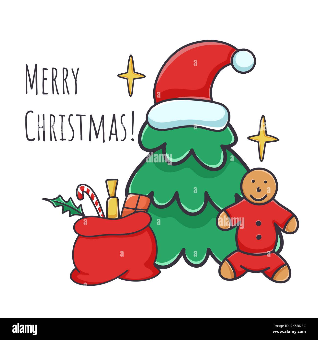 Frohe weihnachten Grußbanner mit Lebkuchenmann, weihnachtsbaum und Geschenken. Karte mit Aufschrift und Attributen des neuen Jahres und weihnachten Stock Vektor