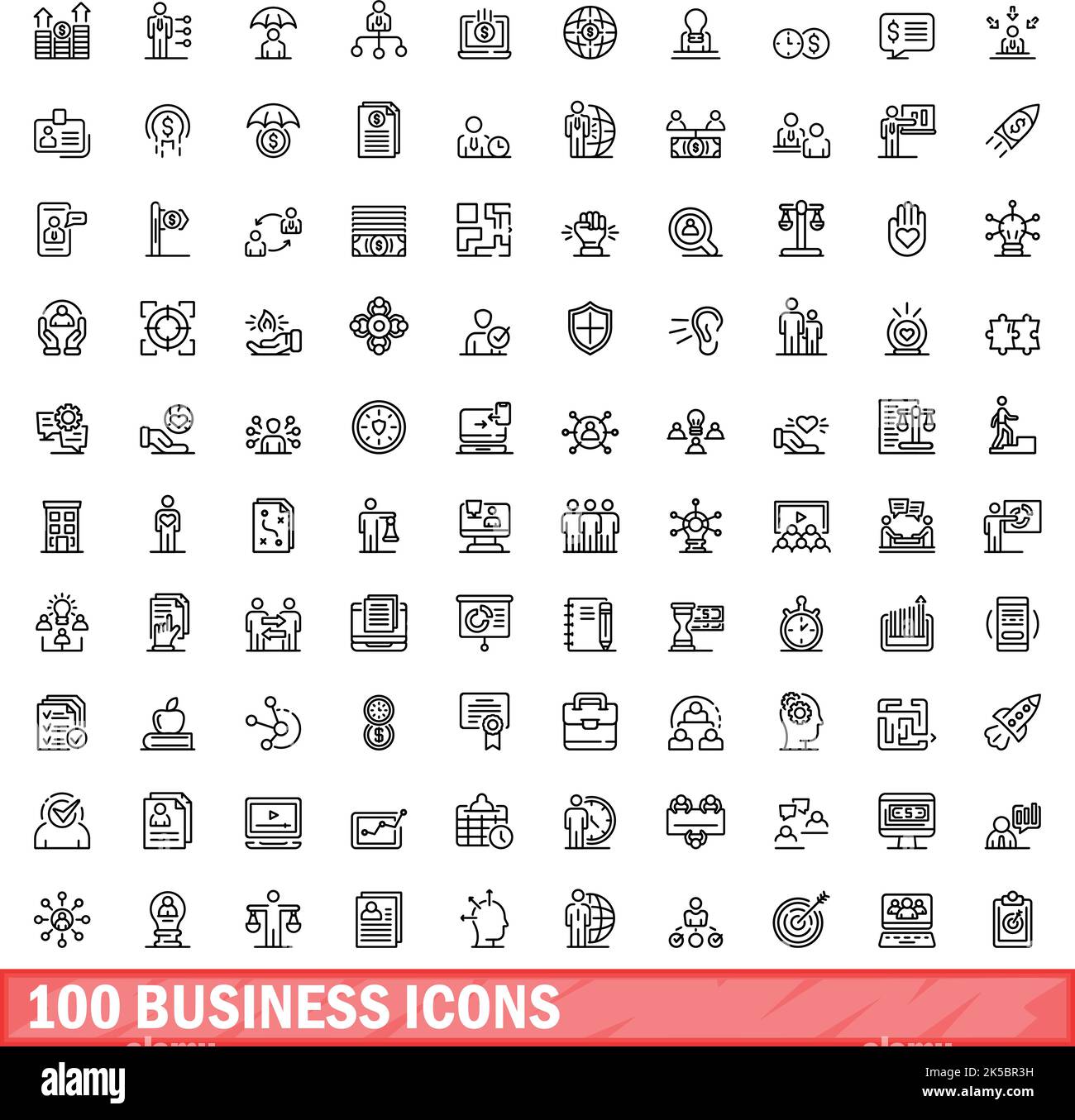 100 Business-Icons gesetzt. Skizzieren Sie die Darstellung von 100 Geschäftssymbolen, die auf weißem Hintergrund isoliert sind Stock Vektor