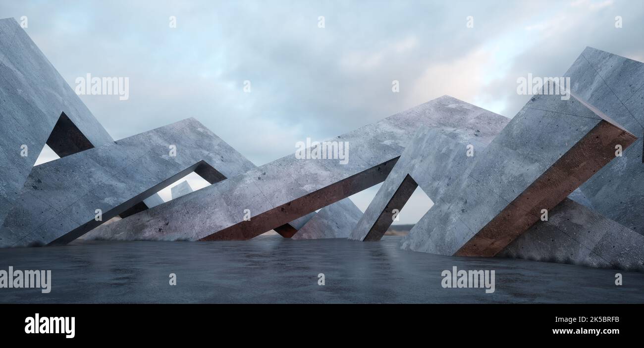 Abstrakter Architekturhintergrund. Betonwände Leeren Raum Mit Himmel. 3D Rendering Stockfoto