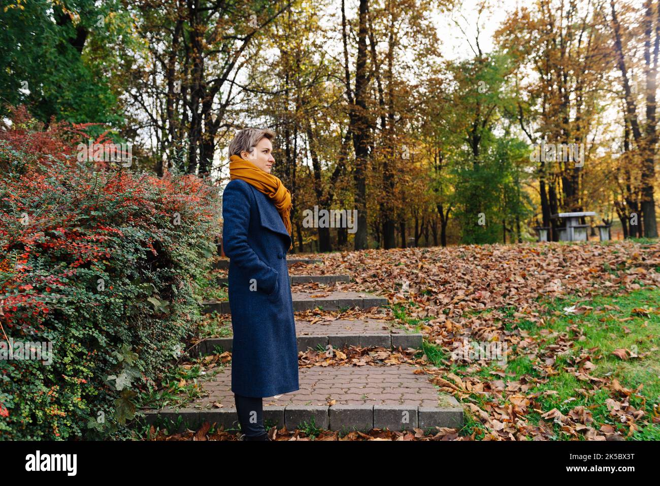 Seitenportrait einer kurzhaarigen Blondine in einem Mantel und Schal im Herbst. Stockfoto