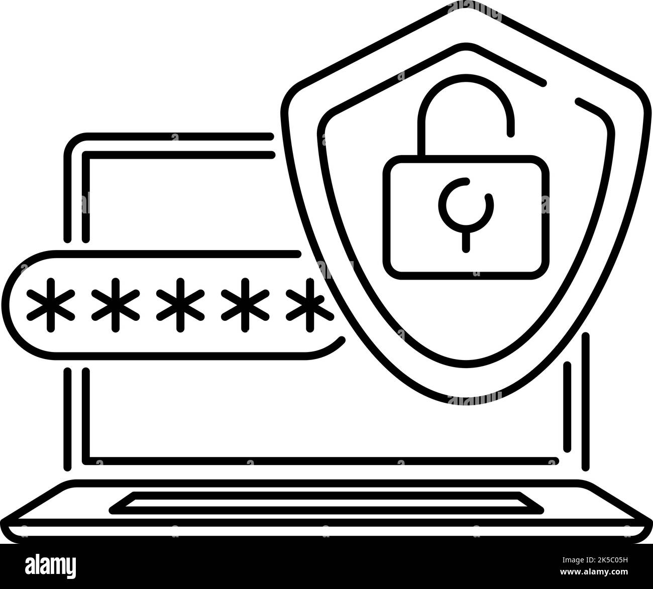 Geschützter Laptop mit Schild, Schloss und Passwort-Symbol. Grafiksymbol für Laptop-Computer auf weißem Hintergrund isoliert. Vektor Stock Vektor