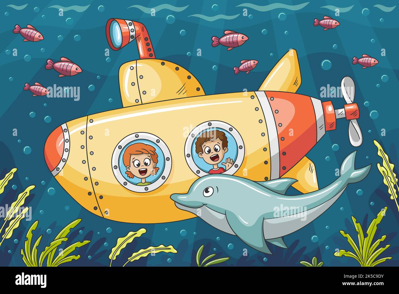 Kinder in einem U-Boot erkunden die Unterwasserwelt. Stockfoto