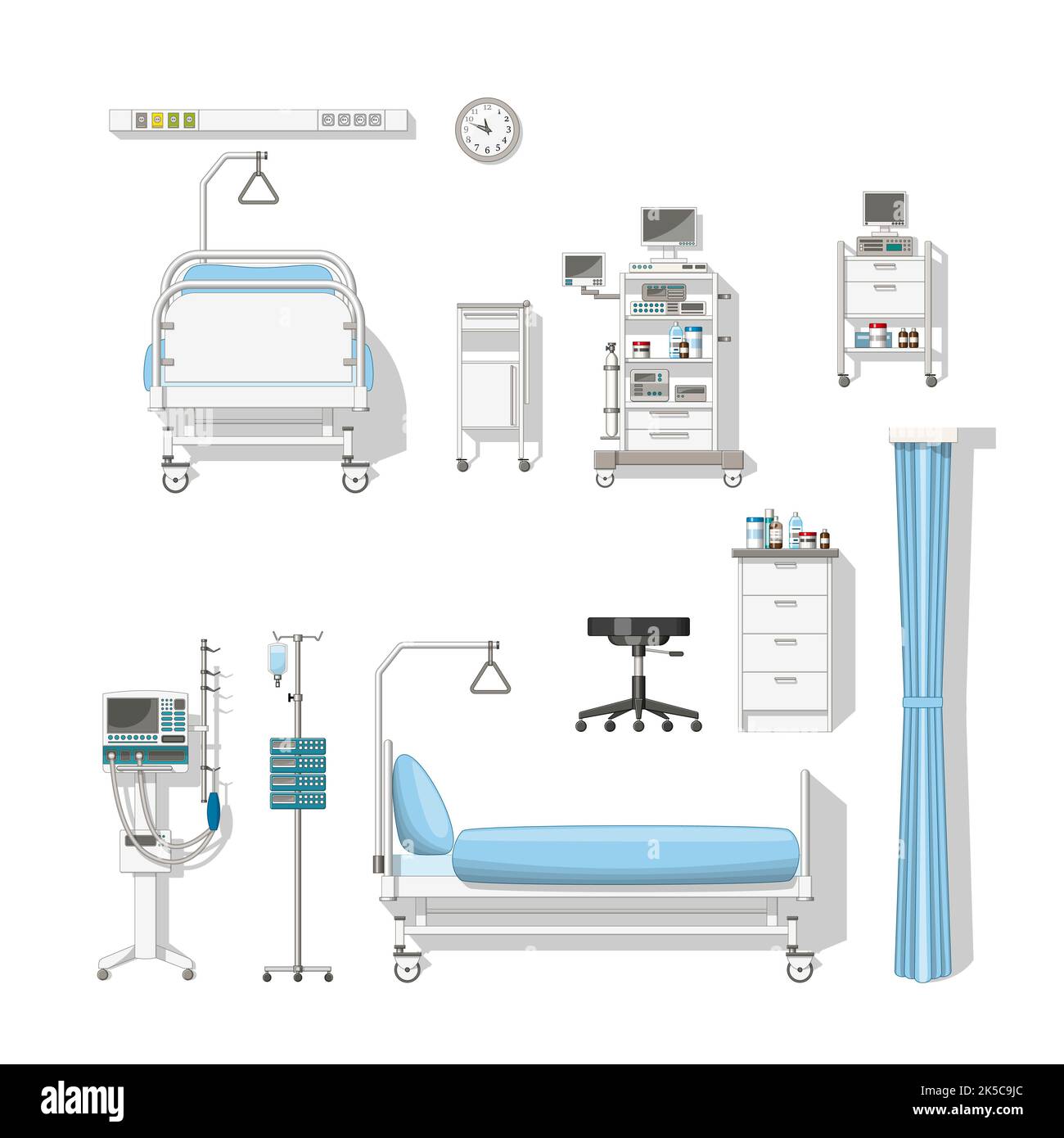 Set mit medizinischem Mobiliar und Ausrüstung Stockfoto