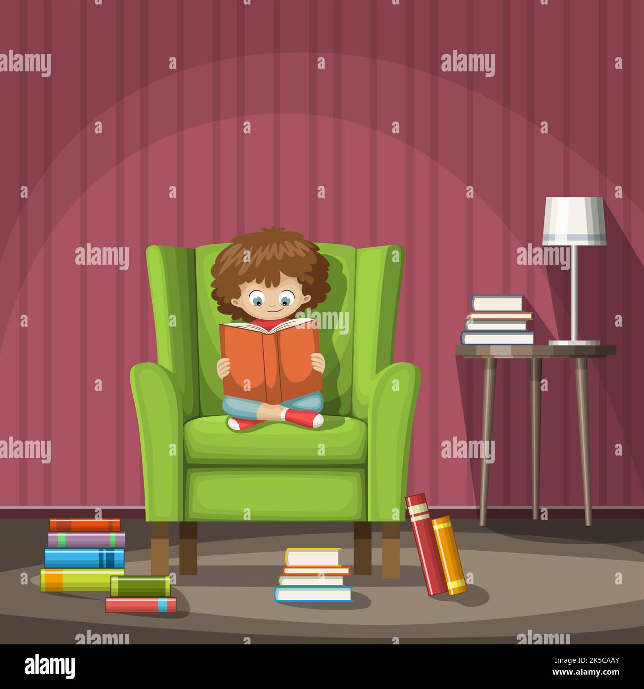 Das Kind sitzt auf einem Stuhl und liest ein Buch. Abbildung. Stockfoto