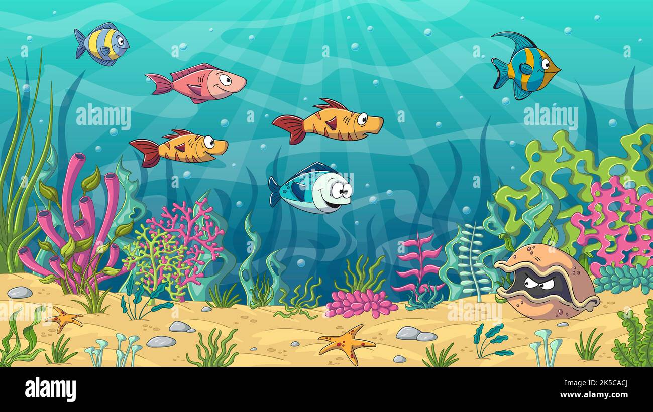 Unterwasser cartoon Landschaft mit Fischen und Pflanzen Stockfoto