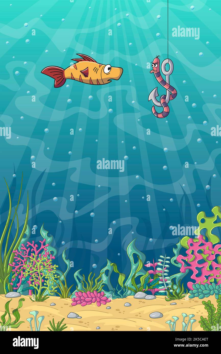 Lustige cartoon Fisch und Wurm auf einem Angelhaken Stockfoto