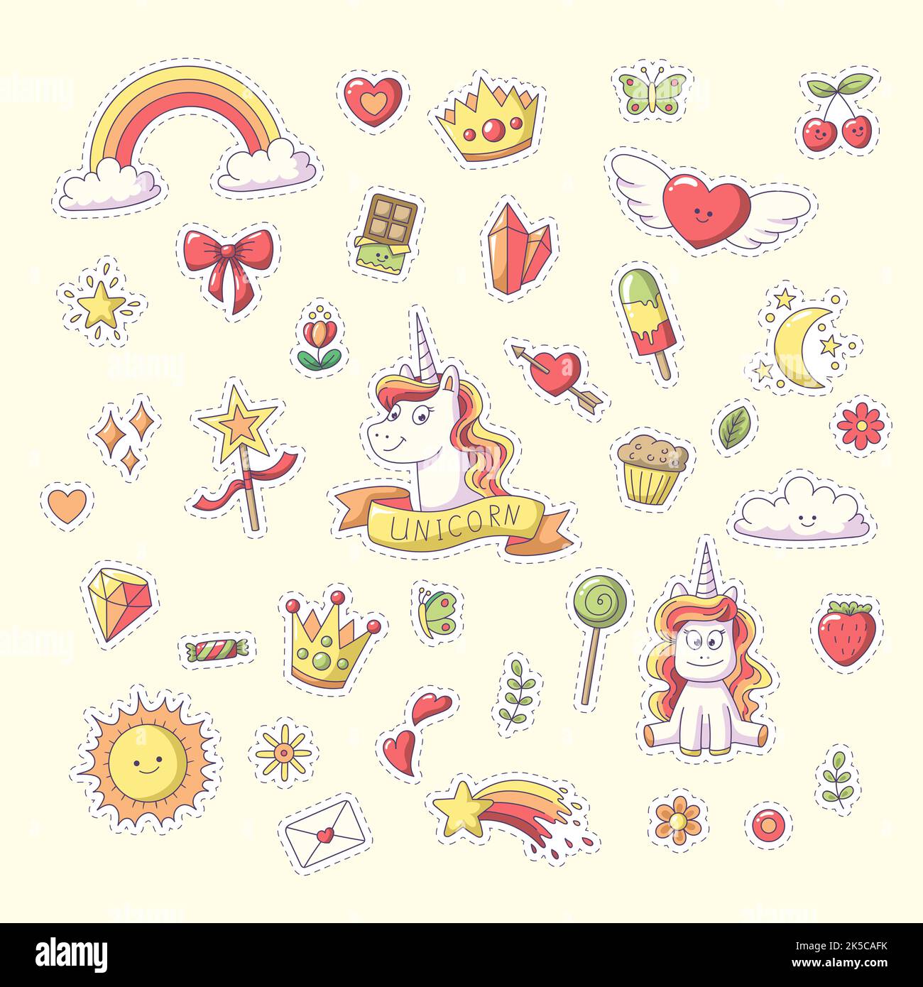 Einhorn Sticker mit Herz, Wolken, Regenbogen, Sonne, Mond und mehr. Set von niedlichen Comic-Figuren. Stockfoto