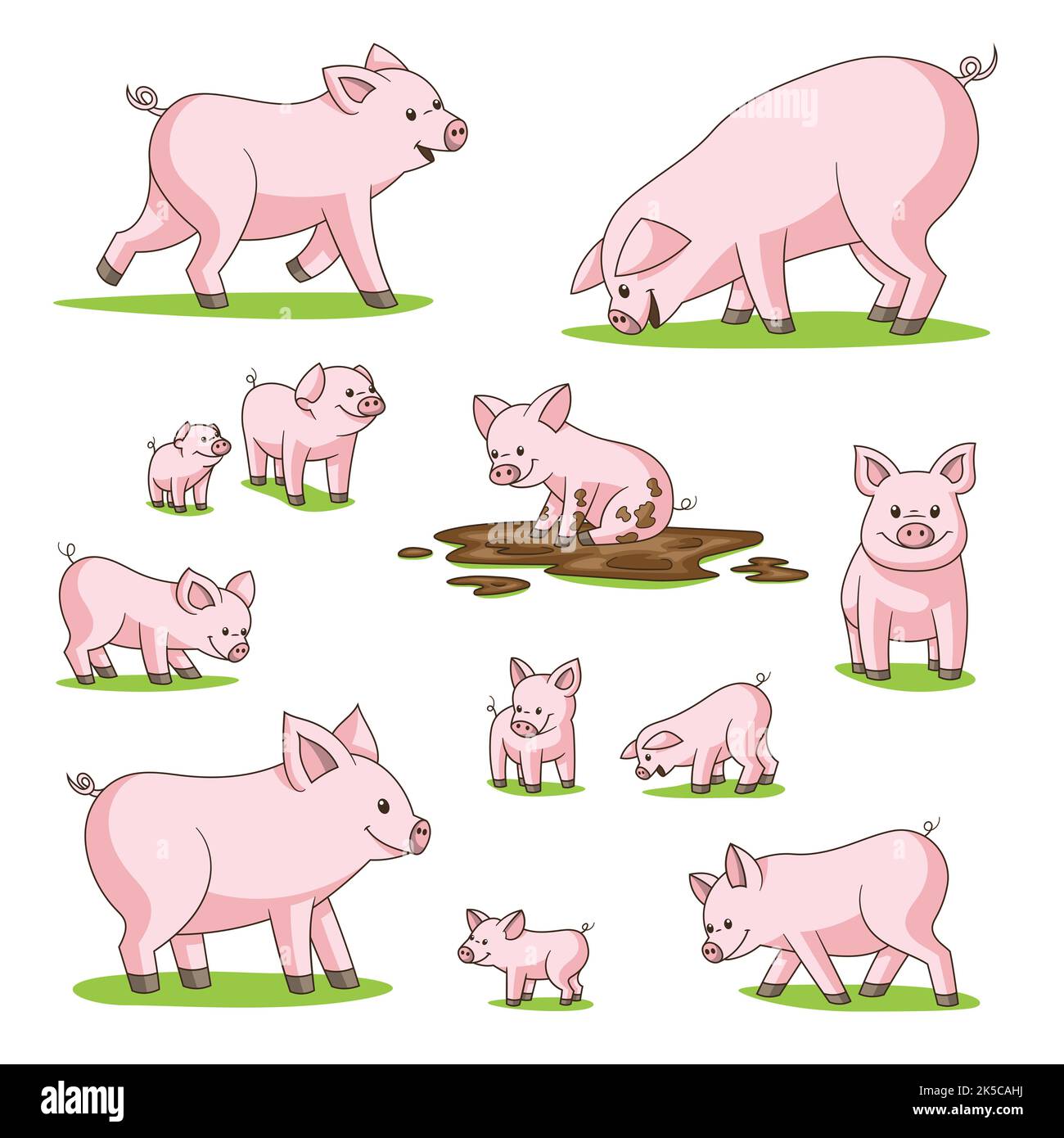 Sammlung von cute cartoon Schweine. Auf weissem Hintergrund. Stockfoto