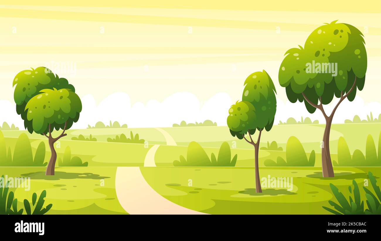 Sommerlandschaft mit Bäumen. Illustration im modernen Cartoon-Stil. Stockfoto