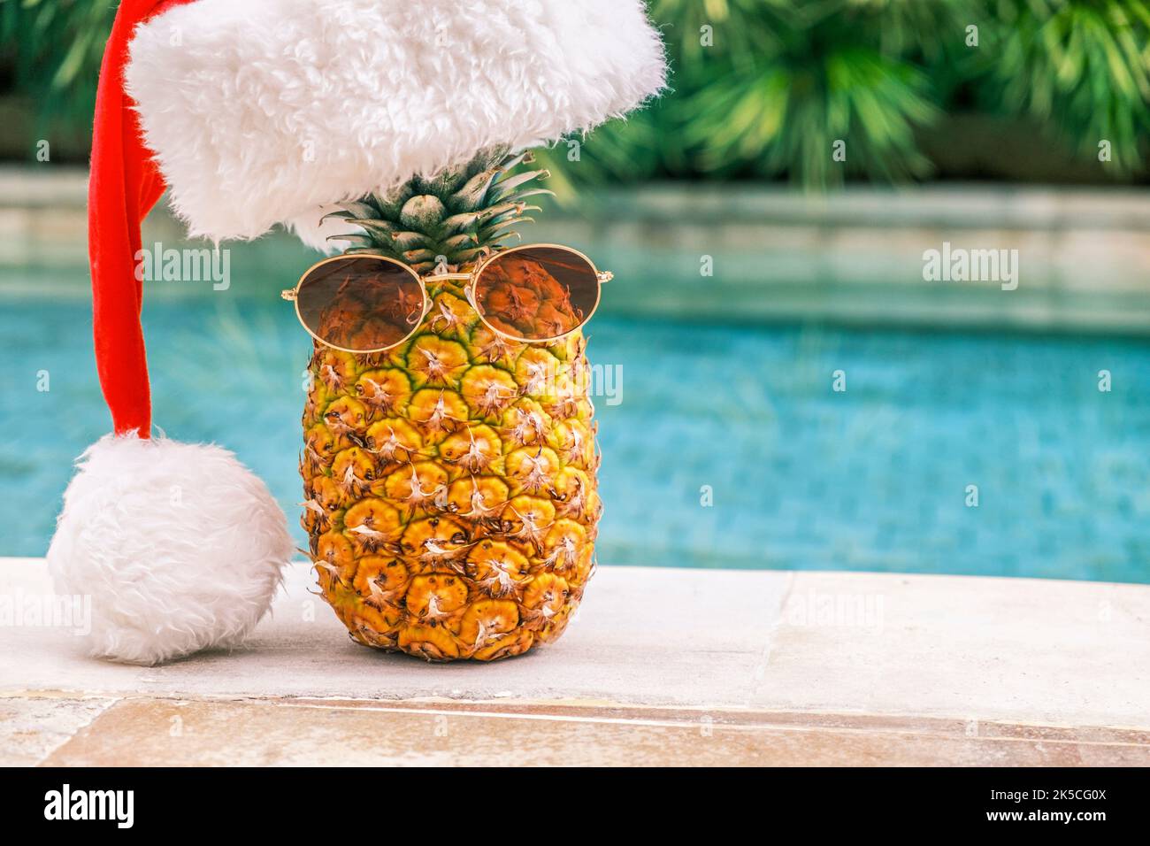 Lustige Ananas mit Sonnenbrille und Weihnachtsmann Hut gegen Pool und tropische Pflanzen bei sonnigem Wetter in den Tropen. Weihnachten in den Tropen. Winter Stockfoto