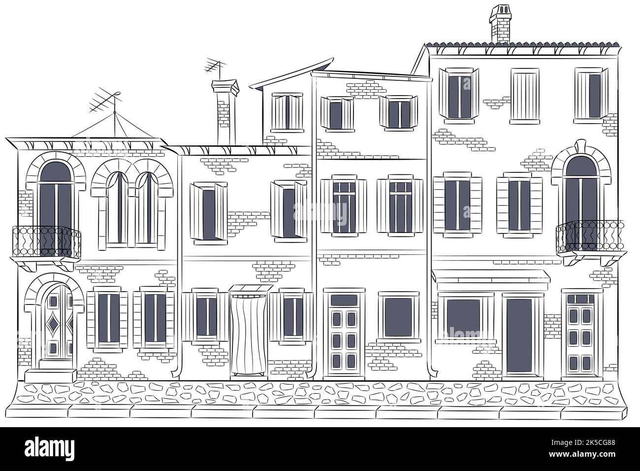 Schwarz-weiße Zeichnung der Fassaden traditioneller Häuser auf der Insel Burano. Venedig. Italien. Stock Vektor