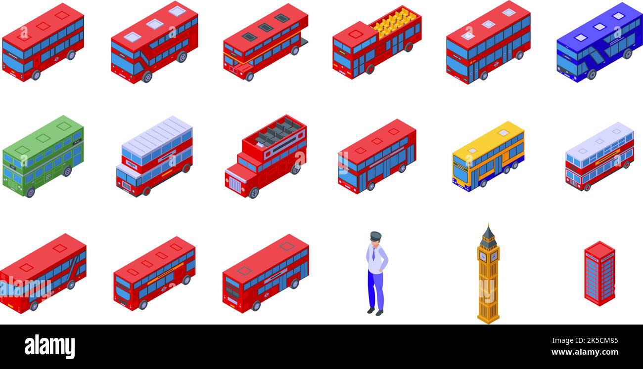 London Bus Symbole setzen isometrischen Vektor. Doppeldecker. Fahrzeugtransport Stock Vektor