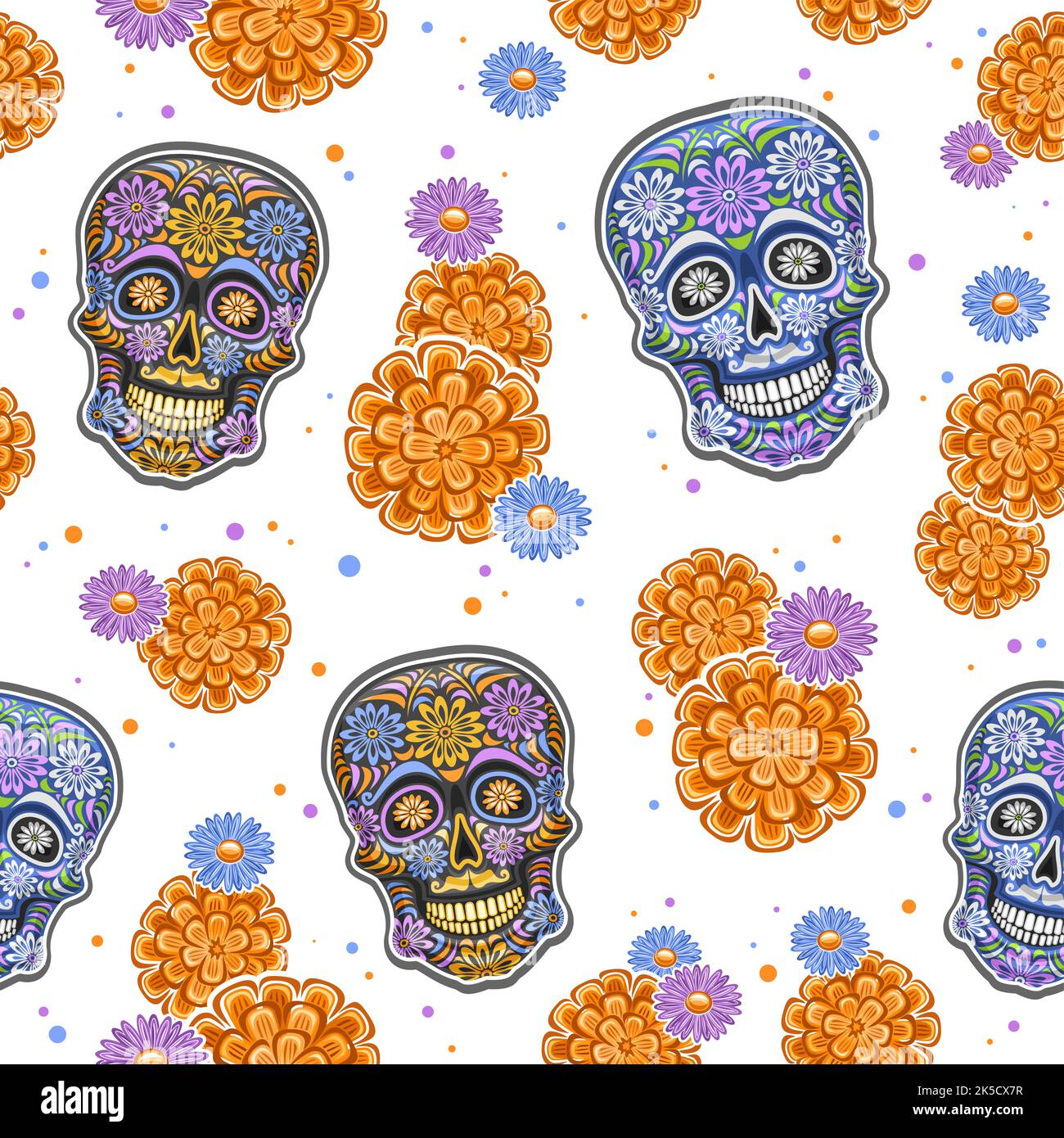Vektor Day of the Dead nahtloses Muster, quadratische Wiederholung Hintergrund mit Satz von ausgeschnittenen Illustrationen der Vielfalt bunte Schädel und orange Blumen o Stock Vektor