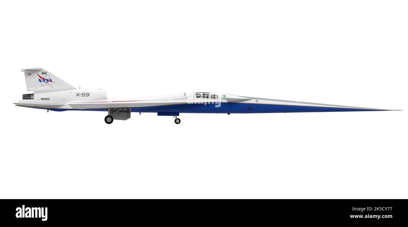 Das Künstlerkonzept zeigt das Flugzeug X-59 von der rechten Seite mit abgesenktem Fahrwerk und veranschaulicht dessen Design und Struktur. Stockfoto