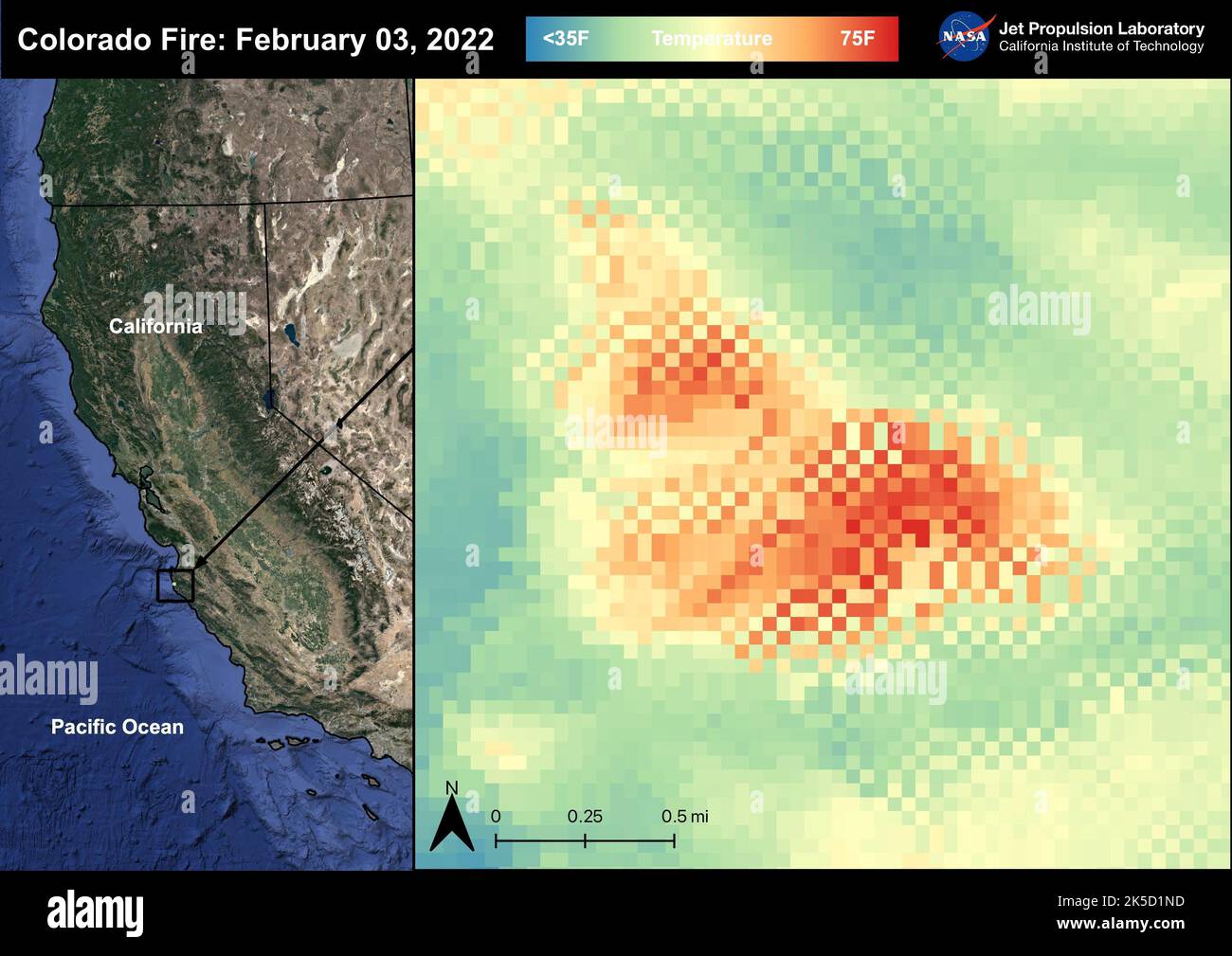 Der Brand in Colorado begann am 21.. Januar 2022 und wurde durch einen entkommenen Brand auf der Palo Colorado Road ausgelöst. Das Waldfeuer brannte 687 Hektar zwischen Carmel-by-the-Sea und Big Sur. Das Colorado Fire wurde durch starke Winde zur Küste getrieben, die zur Schließung der Bixby Bridge und eines Abschnitts des Highway 1 führten. Der Brand wurde am 5.. Februar 2022 vollständig eingedämmt. Es wurden keine Verletzungen oder Kausalitäten gemeldet; eine Struktur wurde zerstört. Das Bild oben zeigt das Feuer, das am 3.. Februar 2022 um 01 11 Uhr PDT in einem Bild der Landoberflächentemperatur von ECOSTRESS aufgenommen wurde. Wie Kalifornien ist derzeit Stockfoto