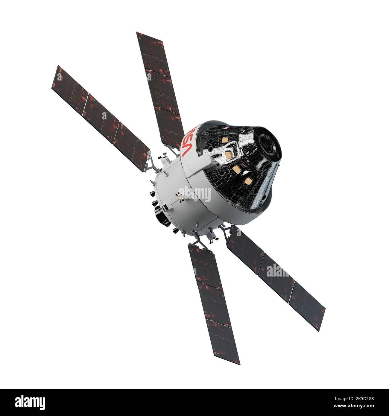 Das Bild zeigt das Rendering eines NASA-Raumschiffs Orion Artemis I durch einen Künstler und zeigt das Design und die Konfiguration des Crew-Moduls und des Service-Moduls, das für Explorationsmissionen vorbereitet wurde. Stockfoto