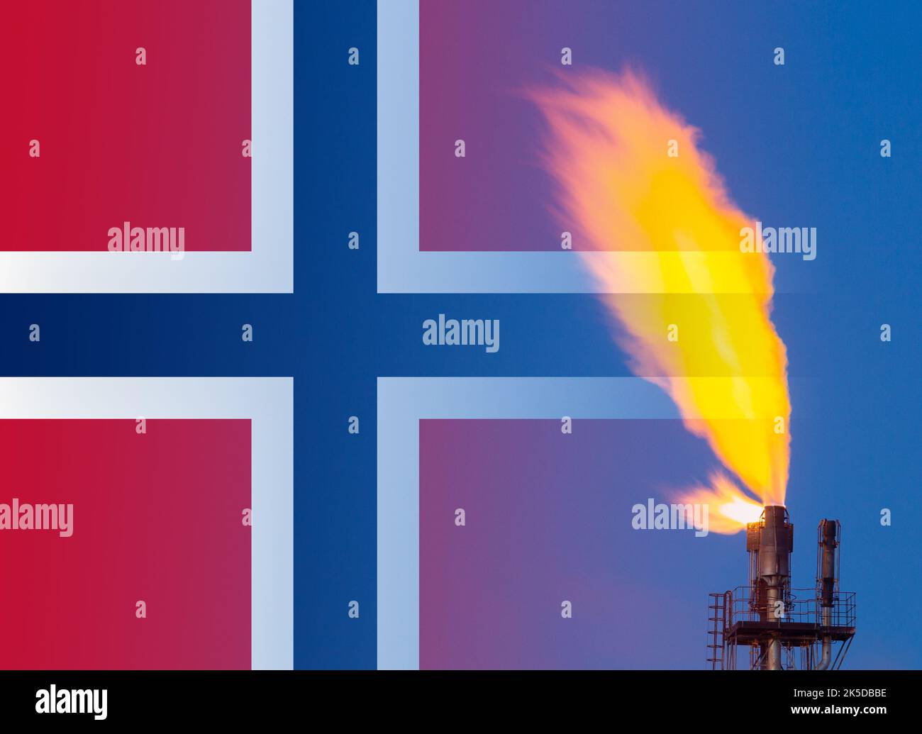Gasflagge und Flagge Norwegens. Britische Gasversorgung, Russland Ukraine Krieg, Energiekrise, Europa...Konzept Stockfoto