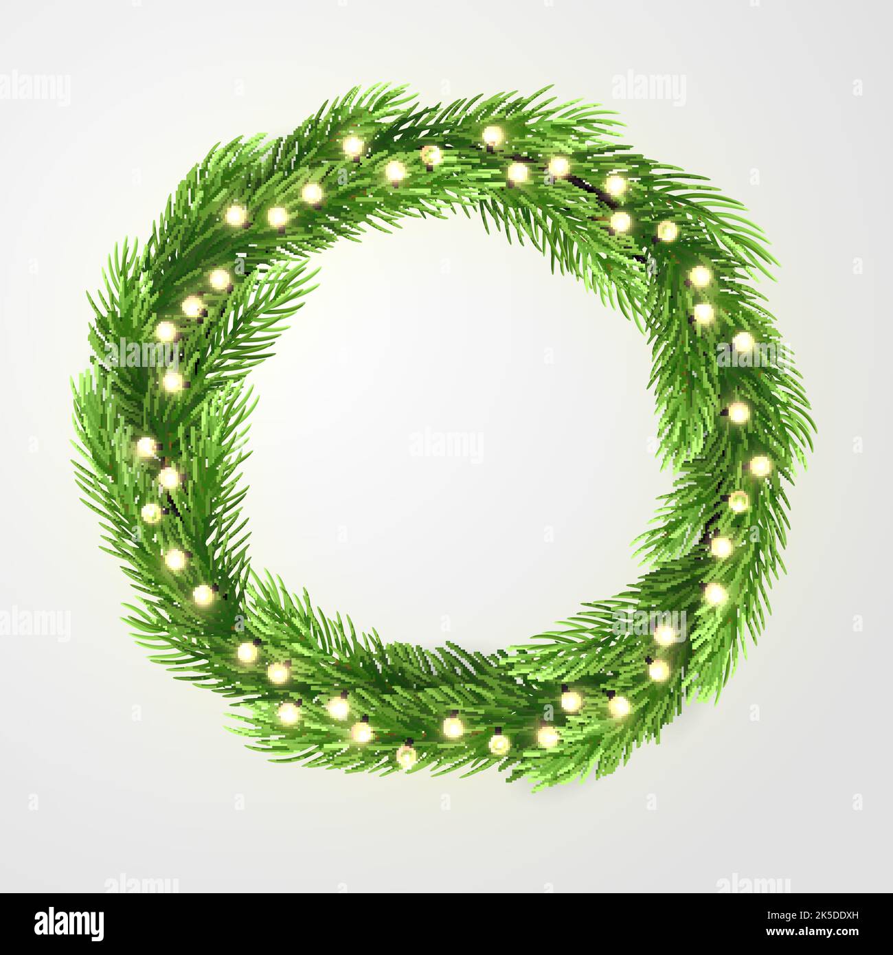 Grüner Kranz mit Lichtern und christbaumzweigen. Vektorvorlage, Platz für Text. Winter-Illustration. Stock Vektor