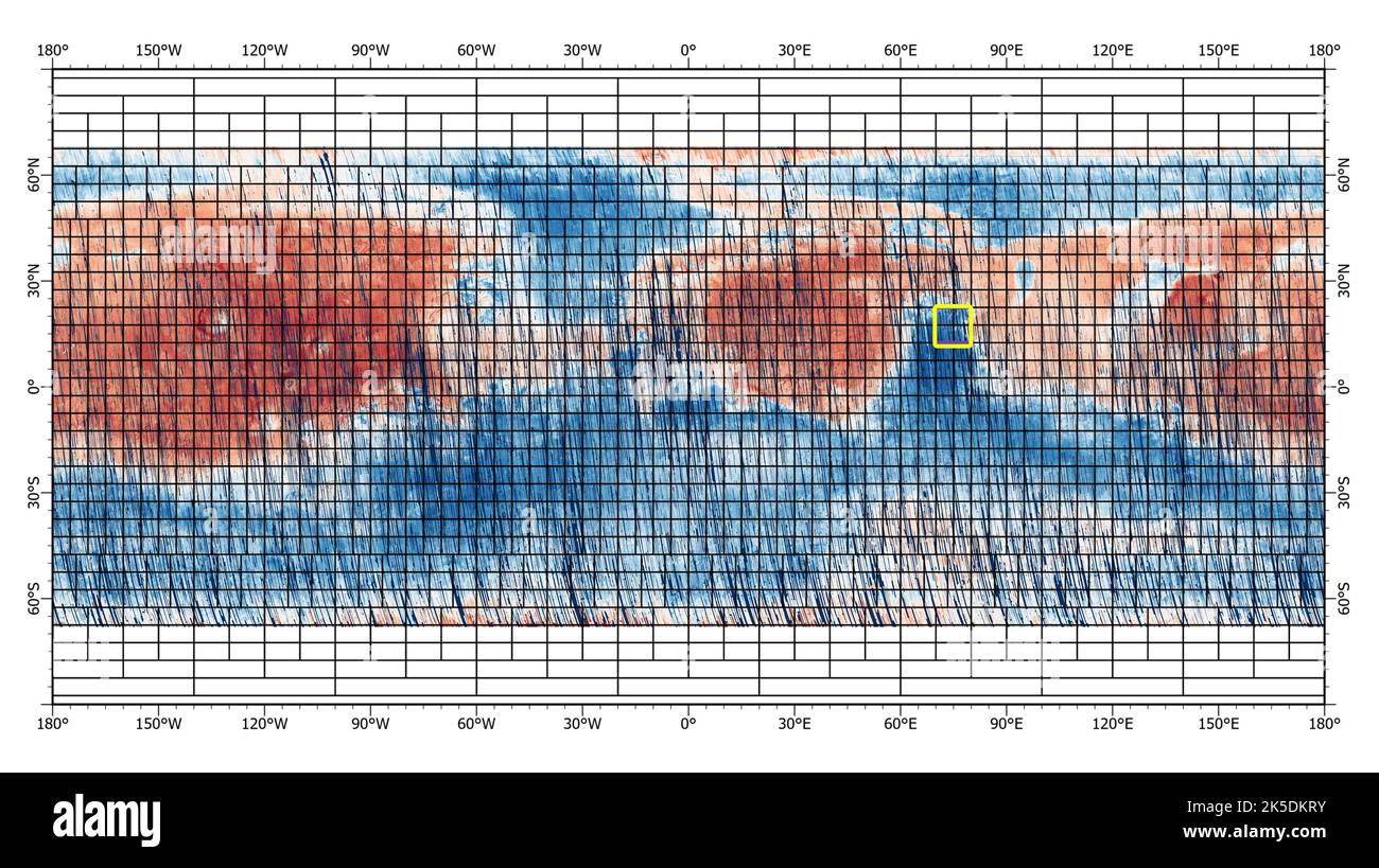 Diese 72-farbige, fast globale Karte des Roten Planeten wurde vom Mars Reconnaissance Orbiter (MRO) der NASA mit seinem Compact Reconnaissance Imaging Spectrometer for Mars, kurz CRISM, aufgenommen. Das gelbe Quadrat zeigt die Nili Fossae-Region des Mars an, die PIA25364 in sechs Ansichten hervorgehoben wurde. Die Karte ist einer der letzten großen Datensätze, die CRISM jemals produzieren wird; das Instrument wird bis Ende 2022 außer Betrieb genommen. Die Daten für die 6,3-Gigapixel-Karte wurden über 11 Jahre CRISM-Betrieb gesammelt. Das Instrument erreichte den Mars mit drei Kryokoolern, die es in einer Reihe von Wellenlängen sehen ließen, einschließlich Stockfoto