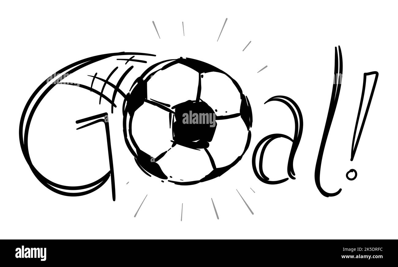 Festliches Torausrufezeichen mit geworfenem Fußball im Doodle-Stil auf weißem Hintergrund. Stock Vektor